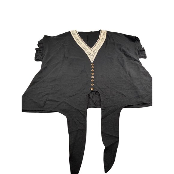 Black Shein Curve OXL V-Neck Tie-Front Blouse With Crochet Trim & Button Detail - Picture 1 of 11